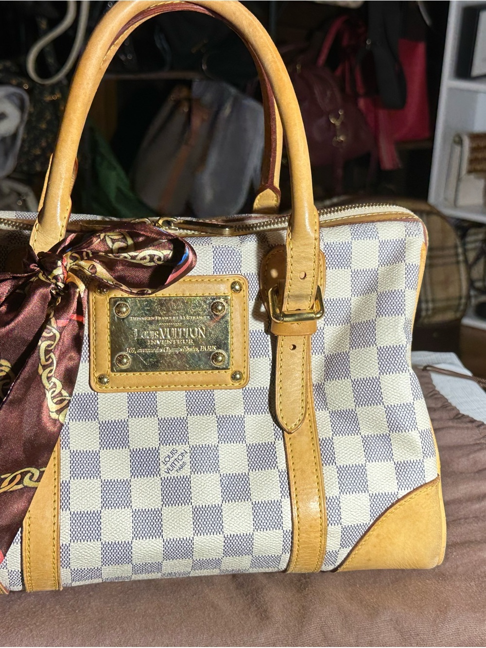 Louis Vuitton Damier Azur Berkeley Satchel in White & Tan with Gold Hardware
